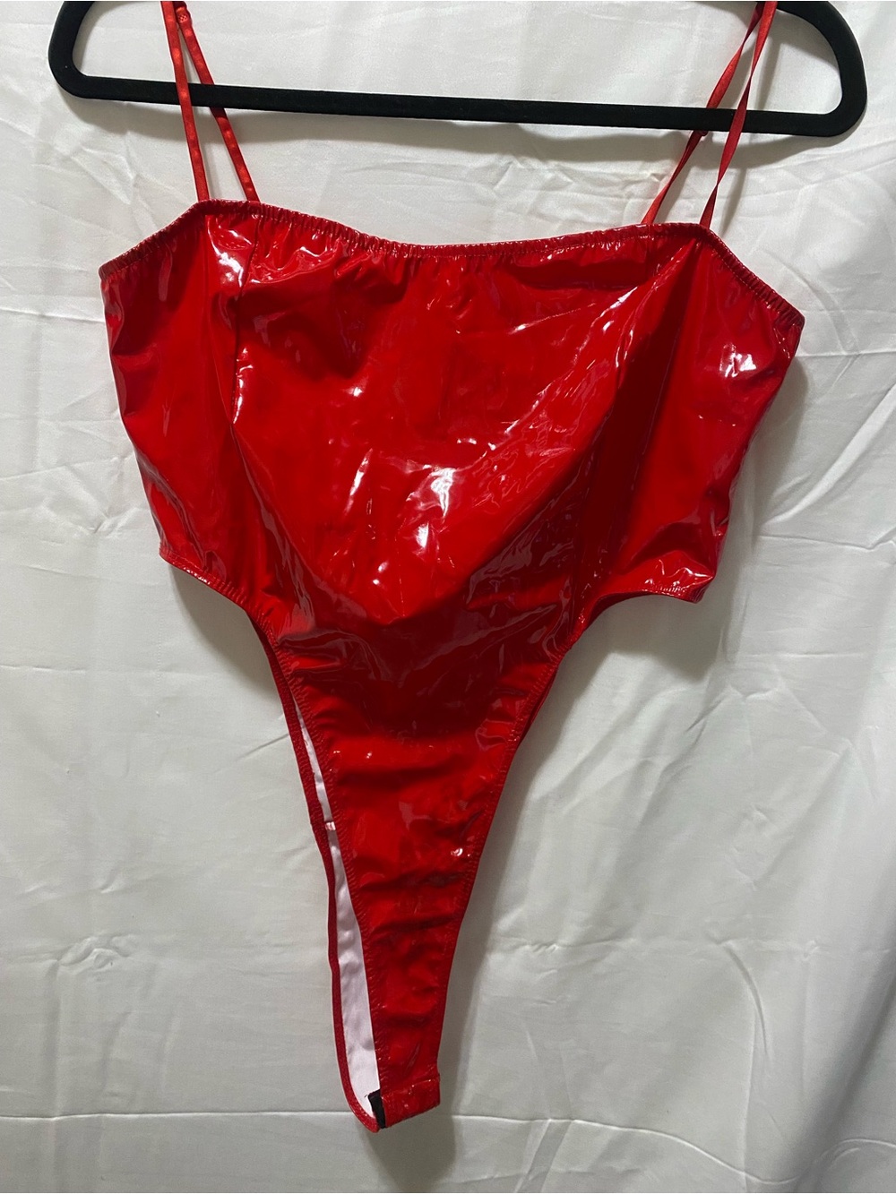 Fashion Nova Red Patent High-Cut Spaghetti Strap Bodysuit
